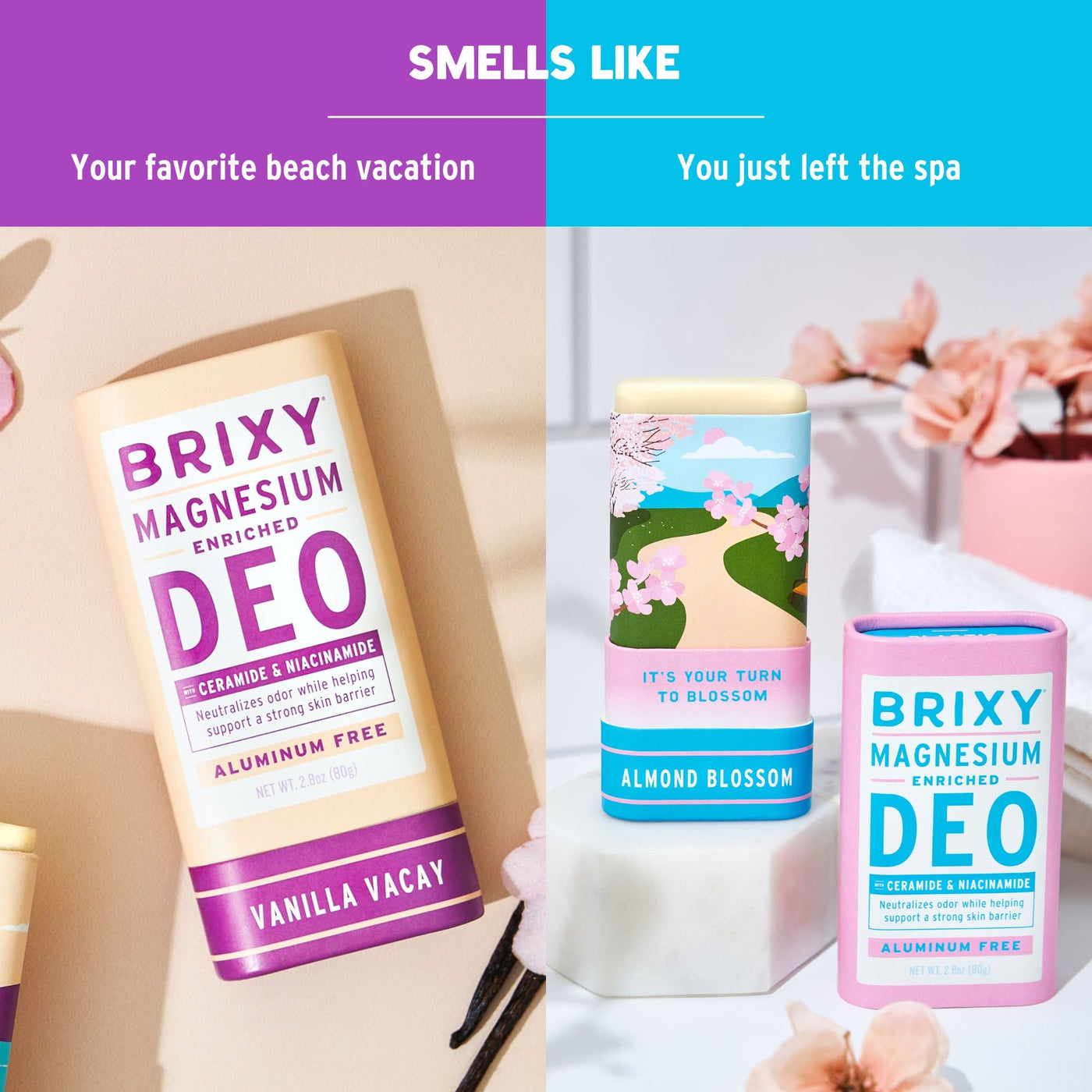Magnesium Enriched Deo 2-Pack - Almond Blossom + Vanilla Vacay - BRIXY