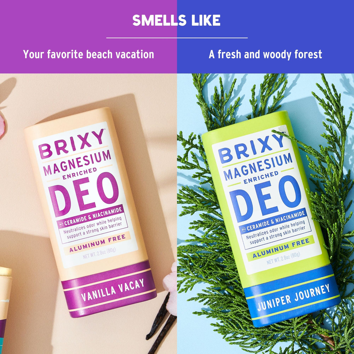Magnesium Enriched Deo 2-Pack - Vanilla Vacay + Juniper Journey - BRIXY